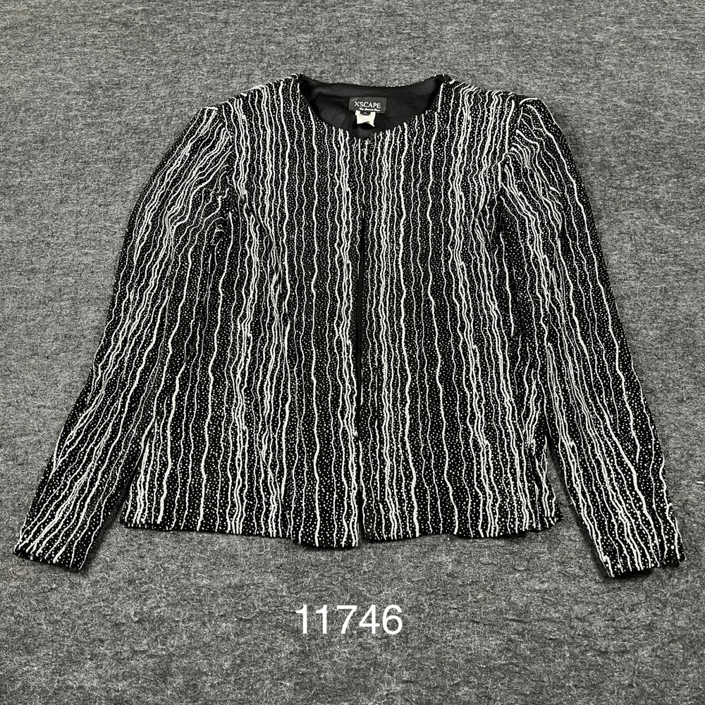 Xscape by Joanna Chen Jacket Womens L Black White Vertical Wavy Stripes Stretch
